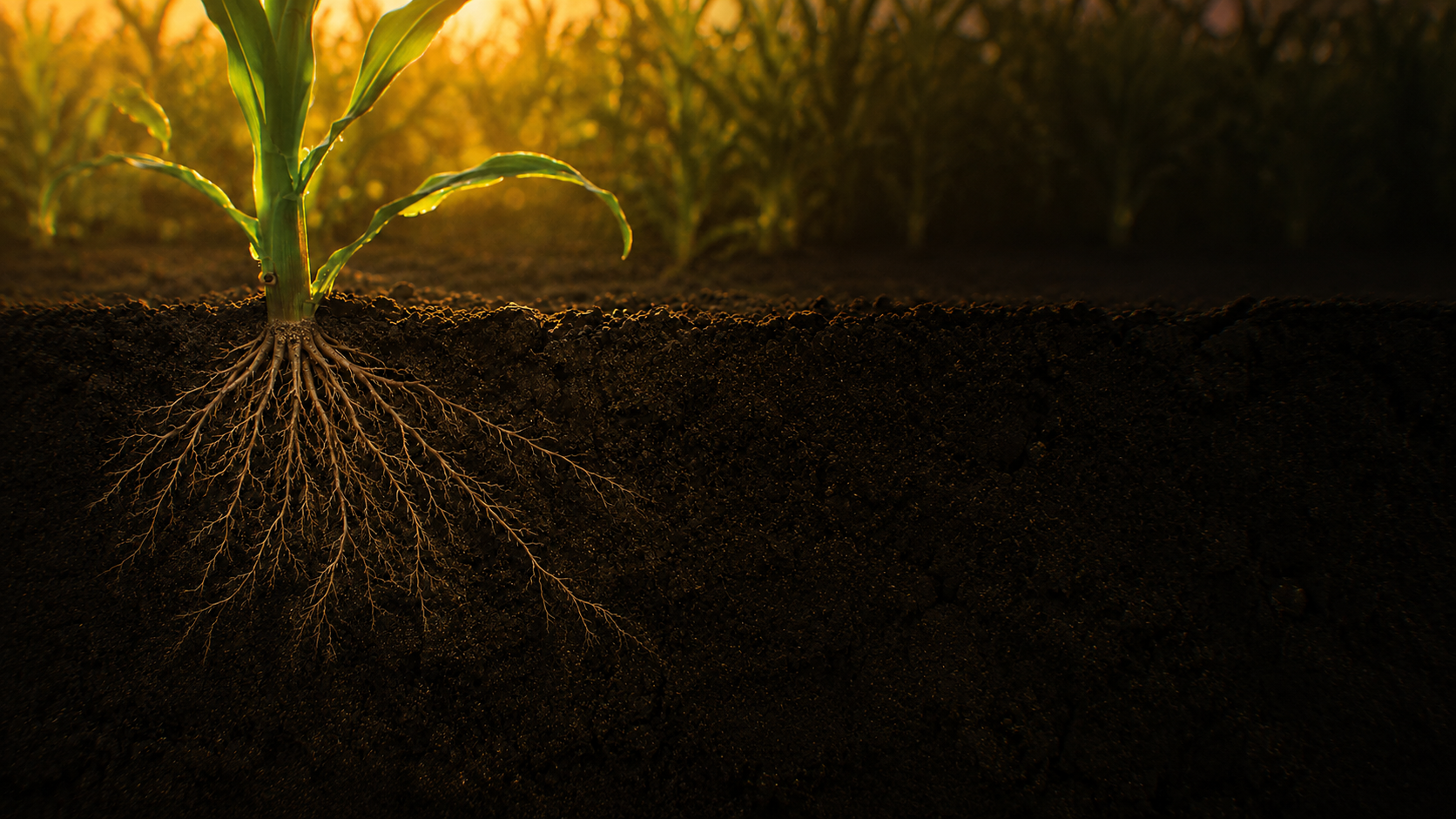 A young corn plant above a realistic soil cutaway, its fibrous root system extending outward and downward through the dark soil.