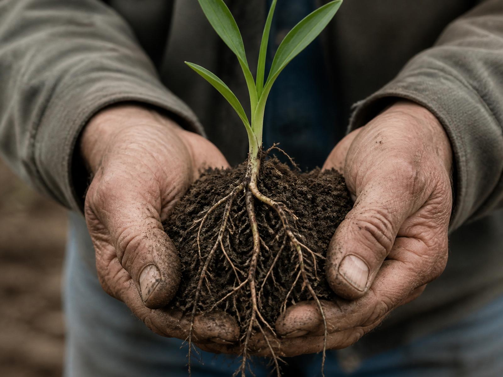 Weathered hands cupping soil and a young seedling